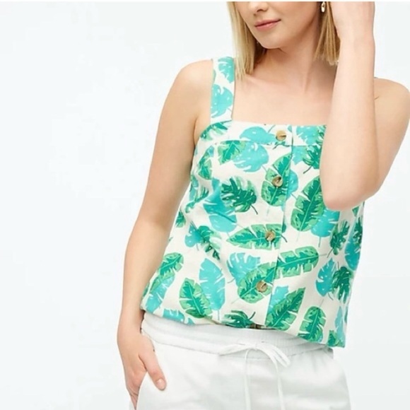 🛍️3/$25 J Crew Top Tropical Leaf Linen Blend Small Spring Summer Vacation Hawaii - Picture 1 of 9